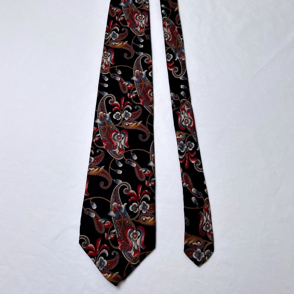 Bill Blass Mens Vintage Paisley Floral Silk Wide Necktie 59" Long Black Red Blue